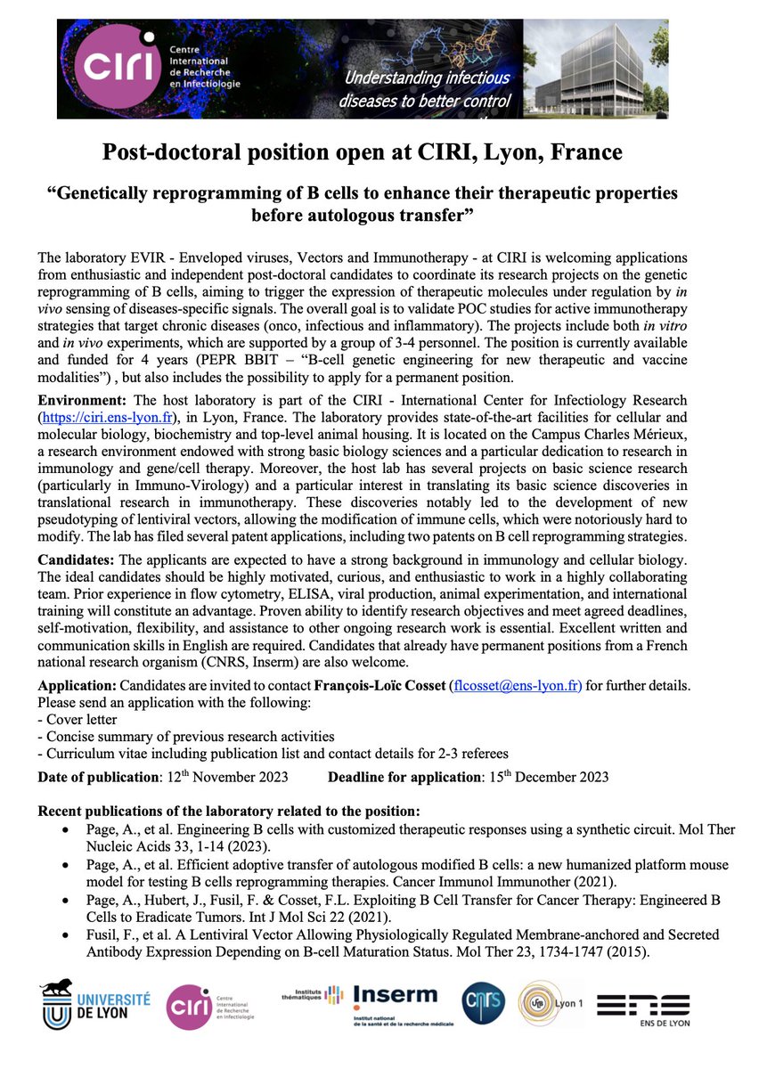 Join our innovative team at CIRI in Lyon! We're seeking a passionate post-doc in immunology to lead groundbreaking research in B cell genetic reprogramming for #immunotherapy. State-of-the-art facilities and a collaborative environment await you. Apply by Dec 15! <a href="/CIRI_Lyon/">CIRI Lyon</a>