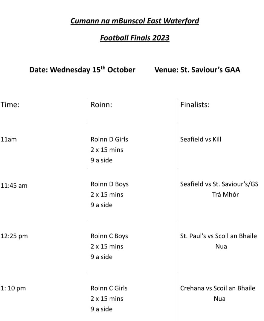 Attention now turns to Day 2 of our Football Finals in <a href="/StSavioursGAA/">StSavioursGAA</a> tomorrow, Wednesday, from 10am.

Get out and support your school - €4 cash only at the gate (kids free)
<a href="/DeiseUnderage/">Bord na nÓg Port Lairge</a> <a href="/WaterfordLGFA/">Waterford LGFA</a> <a href="/MunGAABunscol/">Munster Cumann na mBunscol</a> <a href="/AllianzIreland/">Allianz Ireland</a>