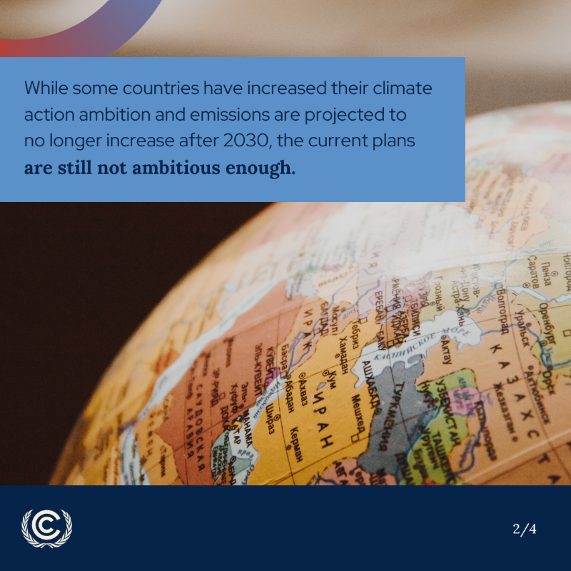 UNFCCC's tweet photo. Are we on track to meeting the Paris Agreement goals? 🌎

Our new report finds that national plans remain insufficient to limit global temperature rise to 1.5 degrees Celsius.

Read more: https://t.co/q5TAXr45Lg