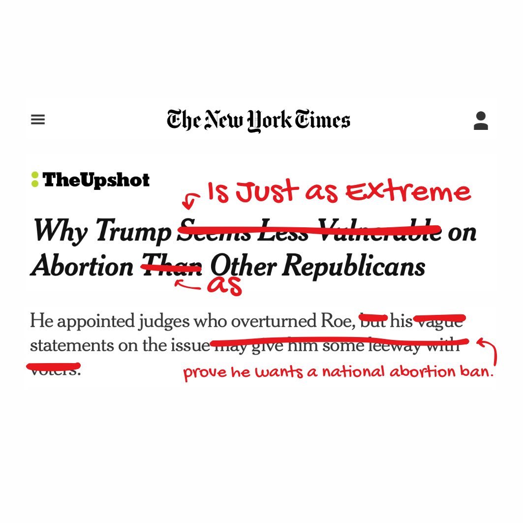 Trump brags about overturning Roe, wants a national abortion ban, and says women should be punished for having an abortion. That’s not vague and I’m tired of fixing these for you @NYTimes.