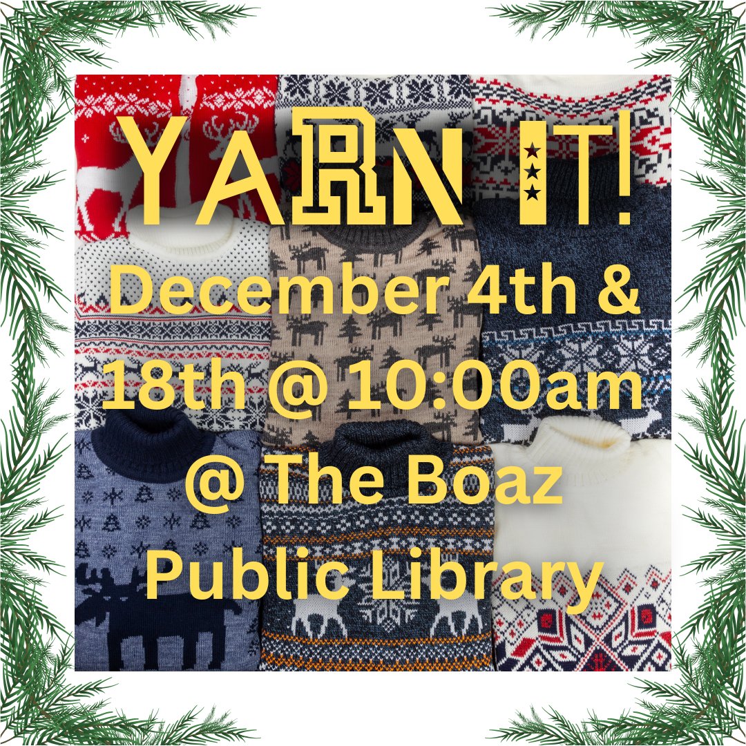 BoazLibrary's tweet image. Join us the first and third Monday of each month at 10:00 am for Yarn It! Bring your current yarn project or start a new one. Not sure how to begin, we can help you! You never know unless you try!
