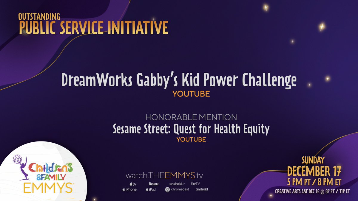 The inaugural #ChildrensEmmys Award for Public Service Initiative will go to @DreamWorks Gabby's Kid Power Challenge, benefitting @UNICEFUSA (@youtube). Honorable Mention: @SesameStreet: Quest for Health Equity, in partnership with @QuestDX (@youtube).