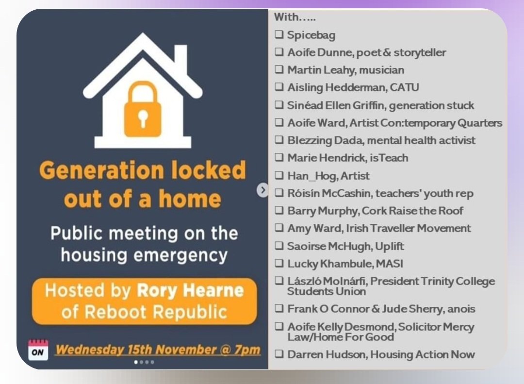 RoryHearneGaffs's tweet photo. Public meeting on the housing emergency.
Tomorrow evening on-line.
With Generation Locked Out, artists, activists, and more.
Hear about action, solutions &amp; solidarity.
With music too!
Hosted by @RebootPod
Register:
https://t.co/i6CCgPGlLu https://t.co/9xqrswhM8M