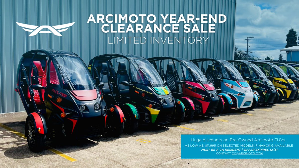 Arcimoto Year-End Clearance Sale: Limited Inventory! We’re offering huge discounts on pre-owned #FUVs. 🙌🏼 There's never been a better time to get behind the wheel of an Arcimoto FUV! Find the perfect FUV for you: bit.ly/3Quegld 🚗🛞 $FUV #EV #ElectricVehicle