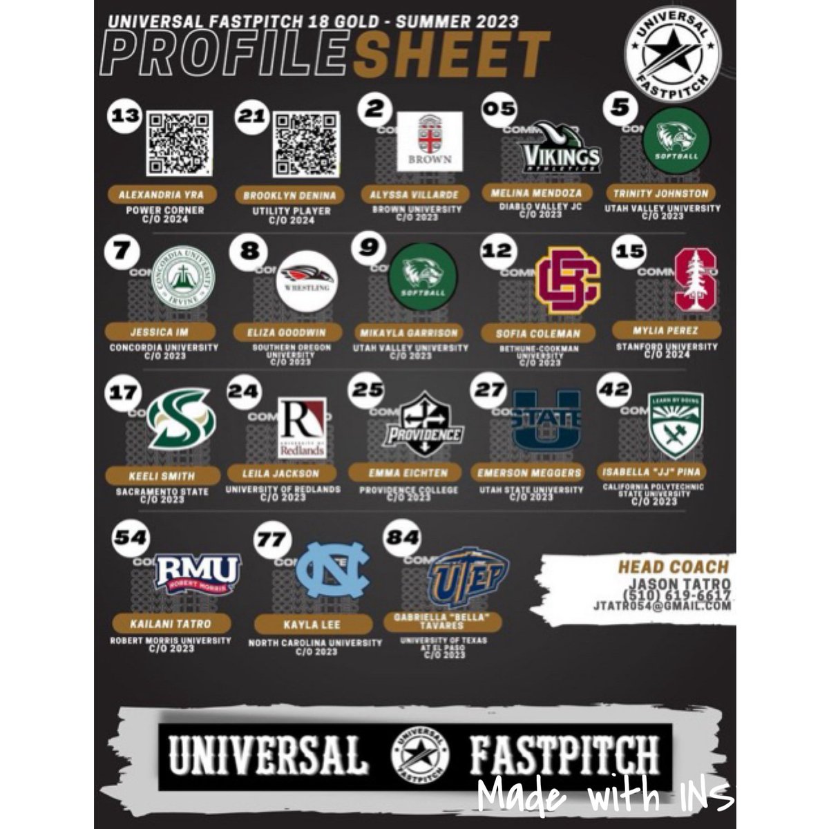 Come join the U and Coach Tatro who has no kids on the team and has great track record in getting girls recruited.(See attached Scout sheet from last years 18U Gold Team) Team is already PGF qualified and also invited to TC Nationals. Sign up here : universalfastpitch.com/tatro-tryout-f…