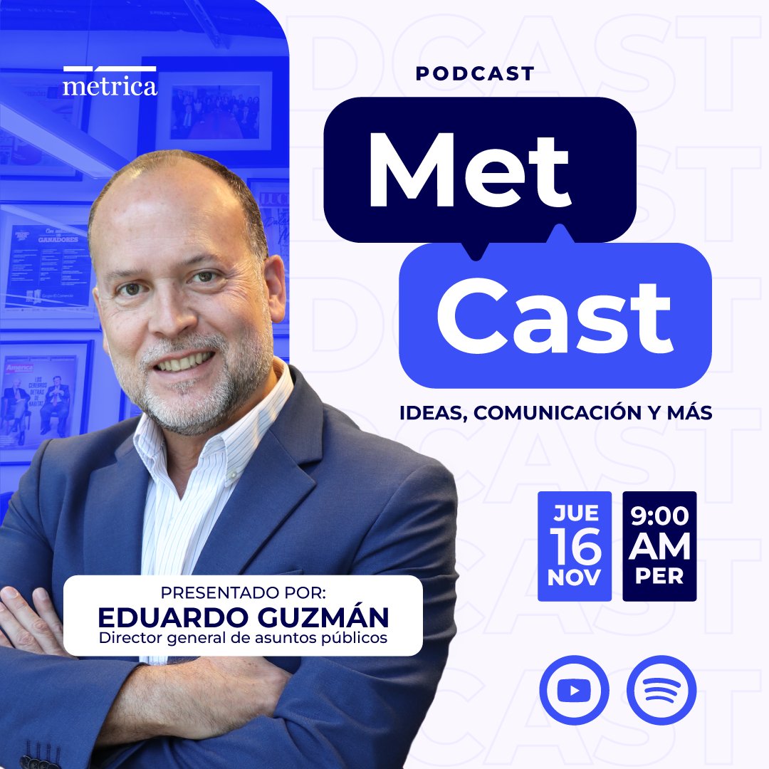 MetricaPeru's tweet image. ¡Se acabó el misterio! 👀 Métrica lanza su propio podcast: Metcast🎙️💙 Desde este jueves 16 de noviembre a las 9:00 a.m. estará disponible nuestro primer episodio en Spotify y Youtube. 

#Metcast #Podcast #Métrica