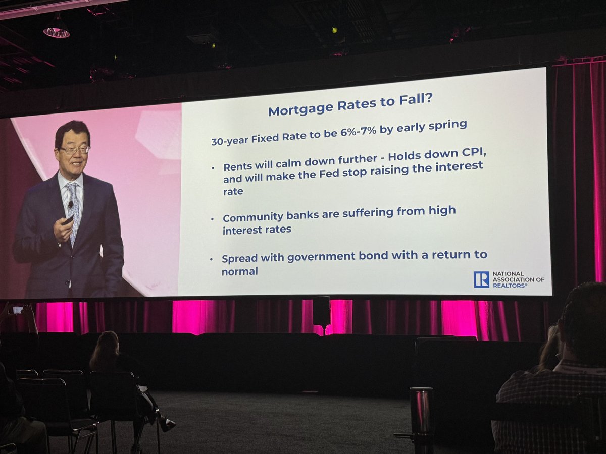 NAR_Research's tweet photo. Dr. Yun projects mortgage rates of 6-7% by early Spring 2024. #NARNXT https://t.co/WYMNSPHEP4