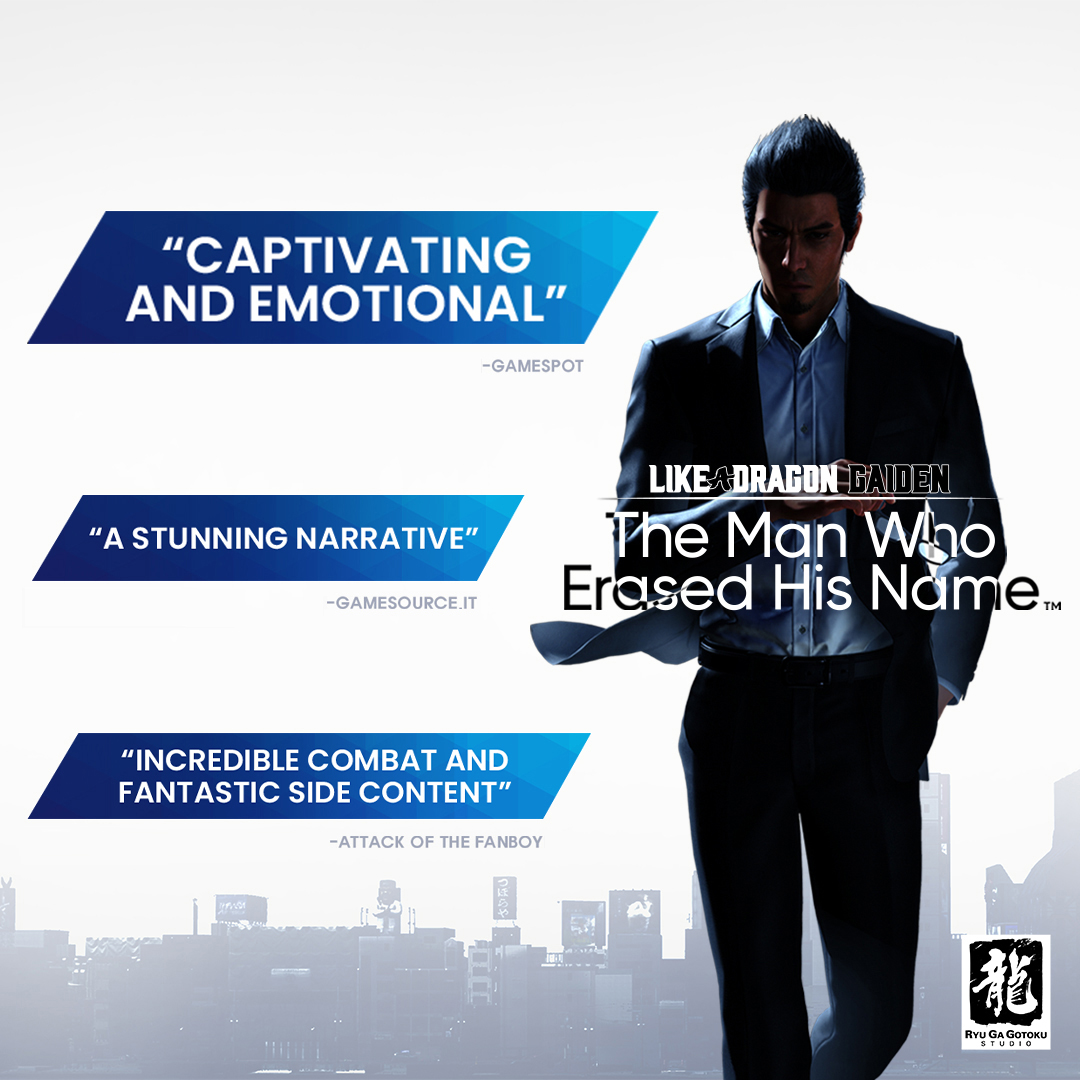 RGGStudio's tweet image. Critics agree the story, combat, and experiences of Like a Dragon Gaiden: The Man Who Erased His Name shouldn&apos;t be missed.

Give us your best quote and share this with someone who should play!