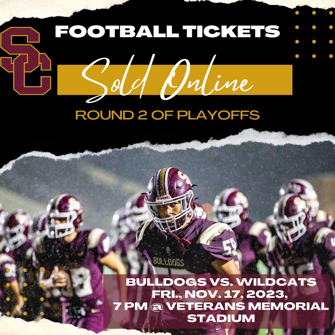 SC Football Playoff Tickets!  Round 2: Area Championship. 
Summer Creek vs. Clear Creek HS
Friday, Nov. 17, 7 PM at Veterans Memorial Stadium (in League City)   

Go Bulldogs!!! Get your tickets at this link &gt;&gt;&gt; gofan.co/app/school/TX6…