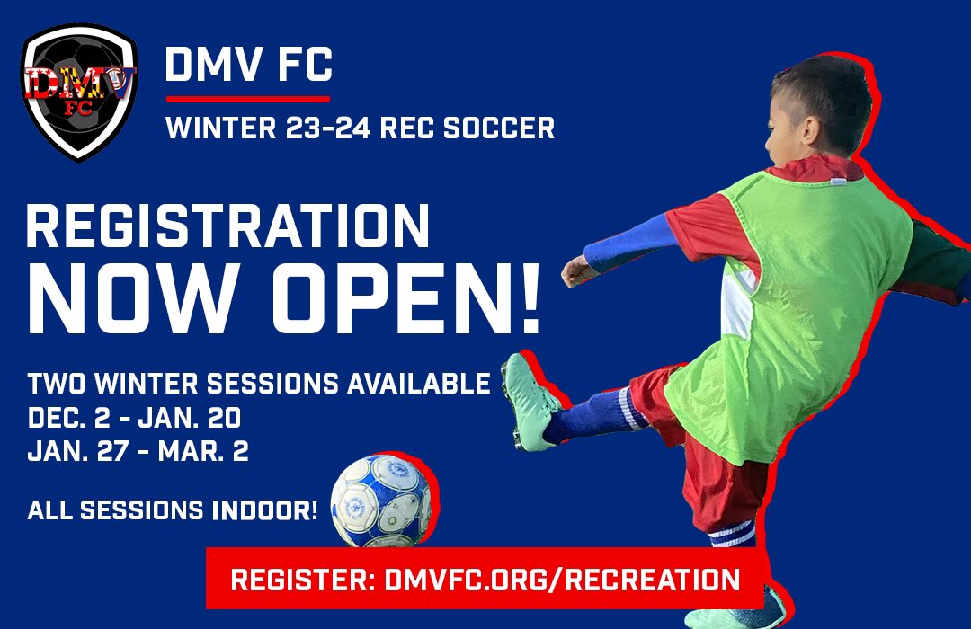 Back by popular demand ‼️

Our winter rec programming is back! Join us for 2 6-week sessions running from December through early March.

Open to players born in 2013-2020. All sessions are INDOOR!

Registration and info on our website: dmv fc.org/recreation/win…
