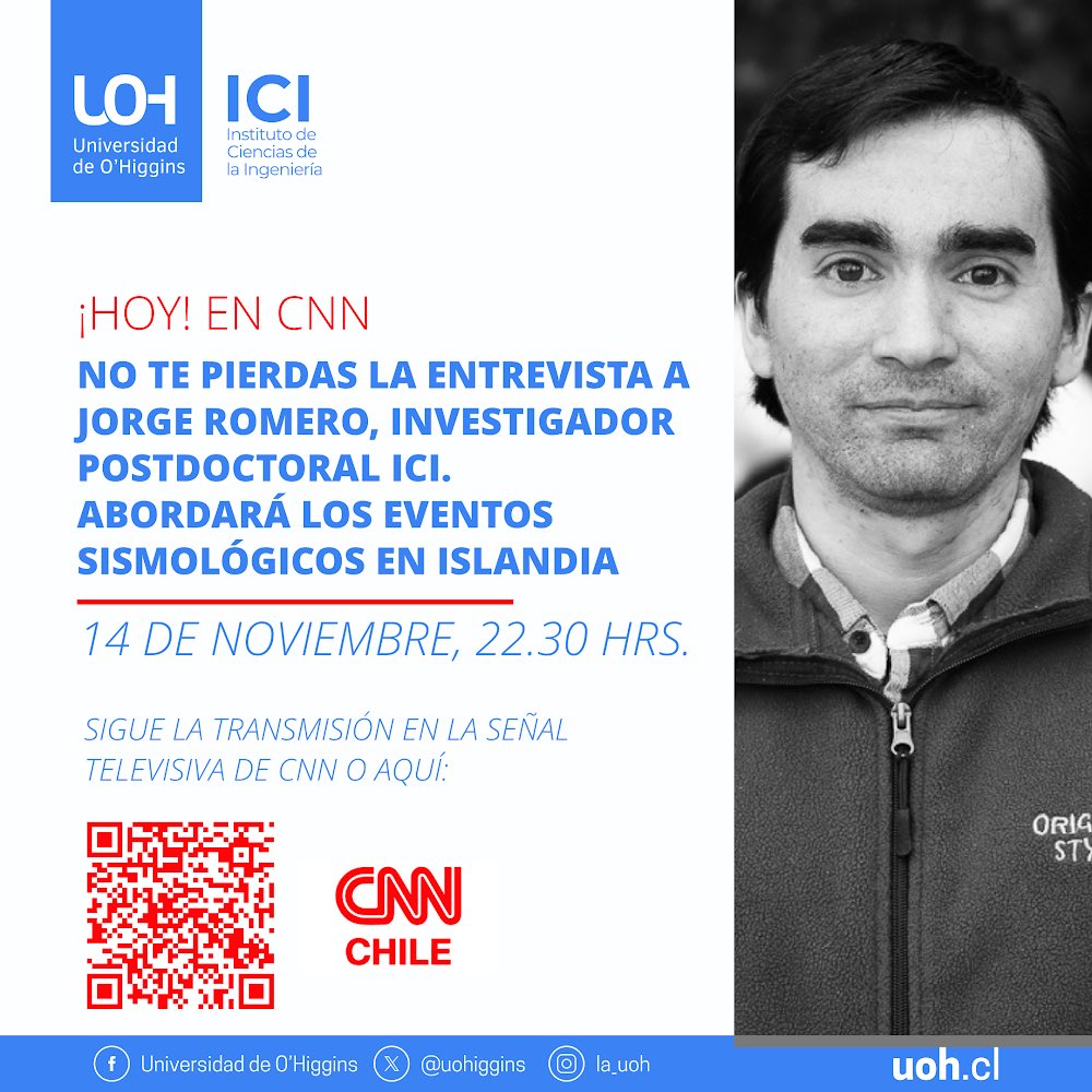 uohiggins's tweet image. 📺 A las 22.30 horas, el investigador postdoctoral del @ici_uoh estará en vivo en @CNNChile para abordar los eventos sismológicos que ocurren en Islandia 🇮🇸⛰️🪨
📲 Atenta/o a la transmisión para no perderte ningún detalle de esta entrevista 👇