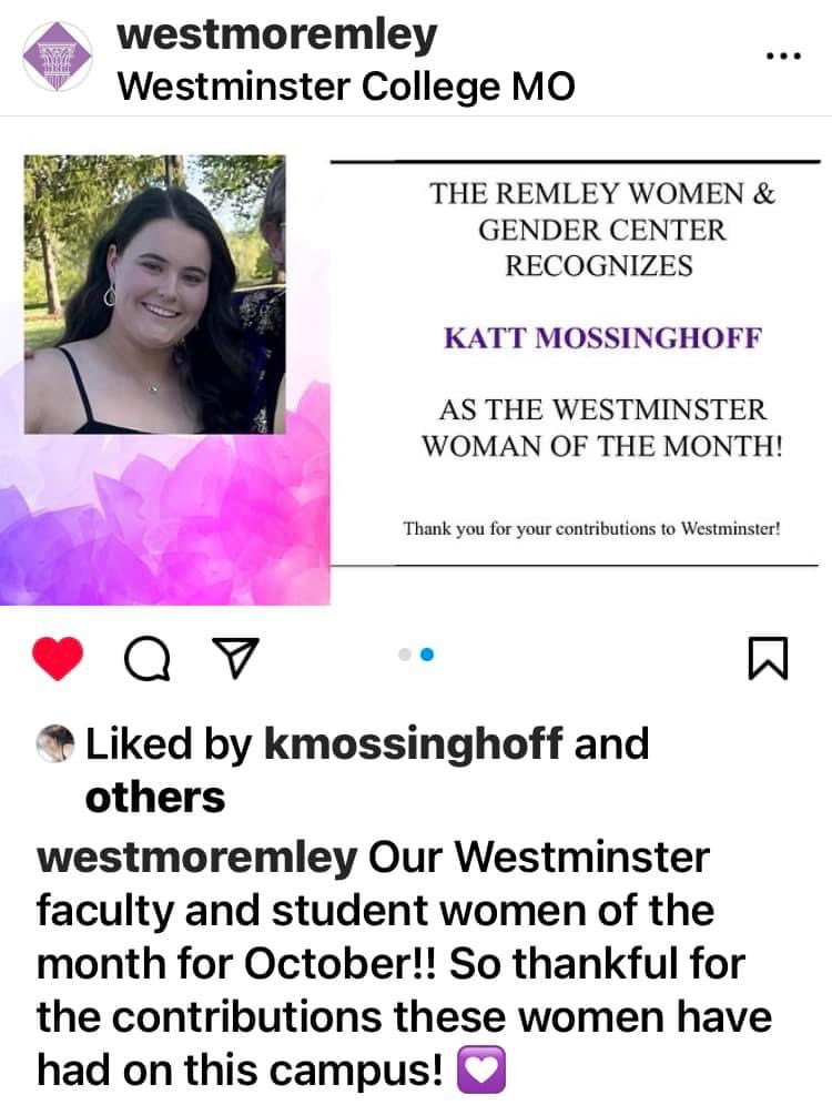 Howell alum, Katt Mossinghoff, was honored as Westminister College Woman of the Month!!!

Congrats Katt!!!