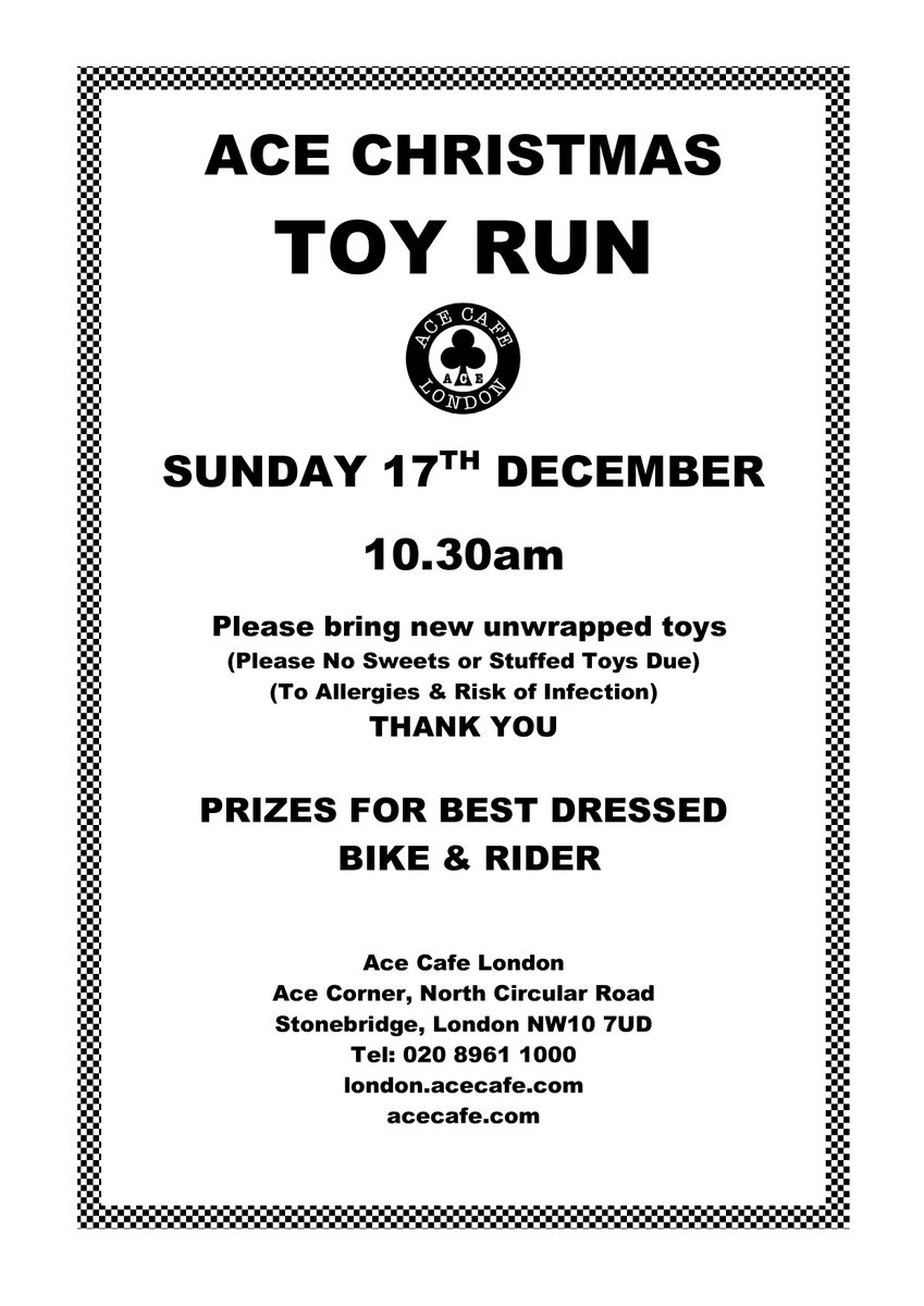 ONE FOR THE DIARY!

Christmas Toy Run &amp; Carol Service

Sunday 17th December
Depart: 10.30am
The cafe's annual Christmas Toy Run into central London will be leaving at 10.30am on Sunday 17th December to visit and drop off presents to the children's wards at two London hospitals