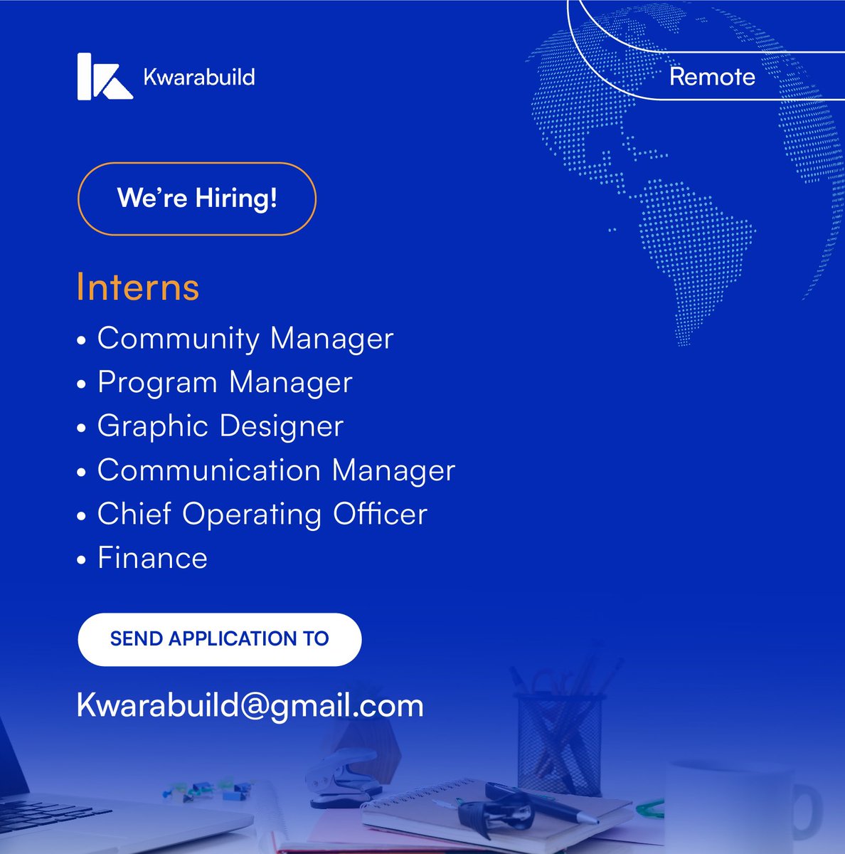 We're hiring for multiple intern roles at Kwarabuild. Join us in making it easy for everyone to get empowered with technology innovation in Nigeria. 

To apply, send your application to kwarabuild@gmail.com

#innovateNow #volunteerRole