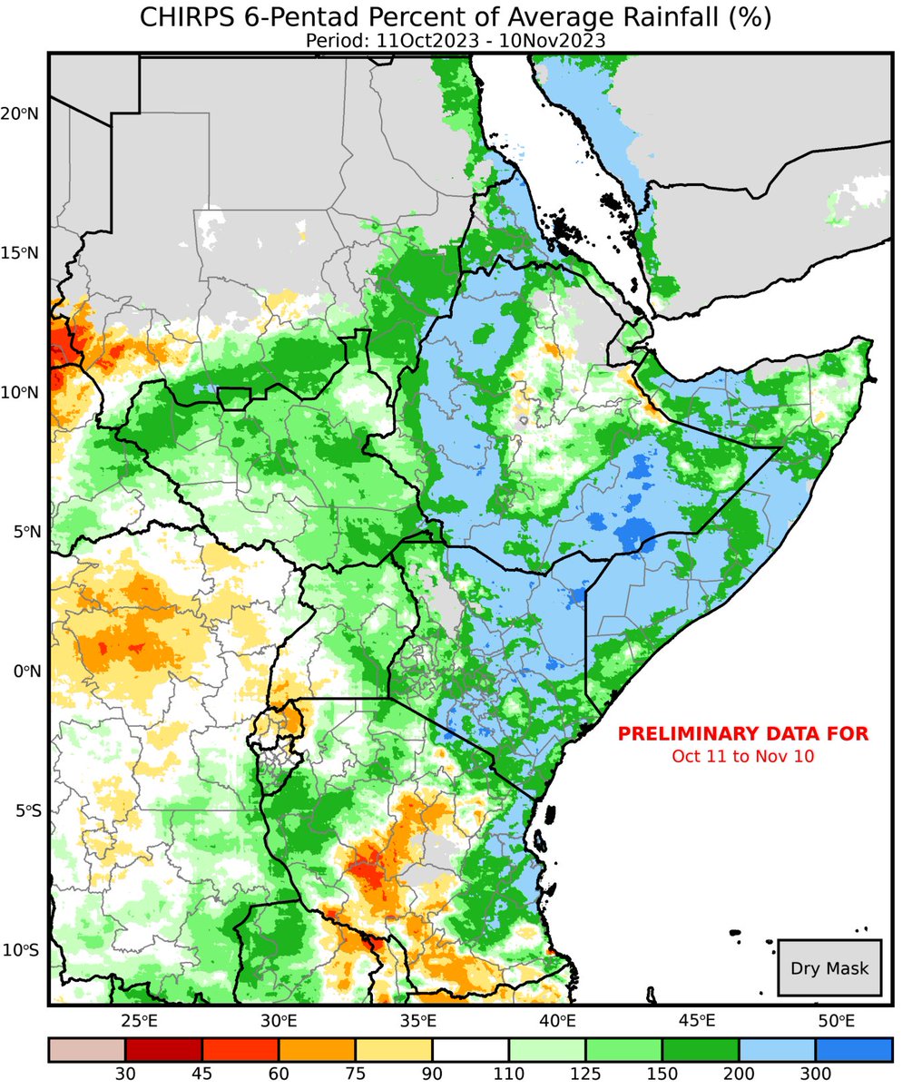 Heavy #rainfall over #Kenya has led to #flooding across the region.   

Rainfall anomalies from CHIRPS show more than double (200%) the average rainfall has been experienced in some parts of the Horn of Africa between 11th October and 10th November.

<a href="/FEWSNET/">FEWS NET</a>