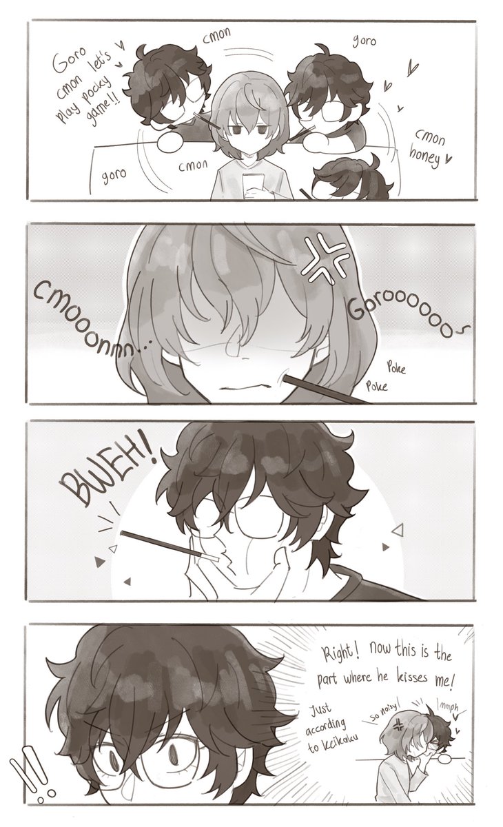 luneveil's tweet photo. I’m a few days late for pocky day but yes, another shuakeshu kissing comic (the pocky doesn’t even matter it’s just an excuse)

#shuake #akeshu #主明 #明主 #persona5 https://t.co/nd2kv7Wupb