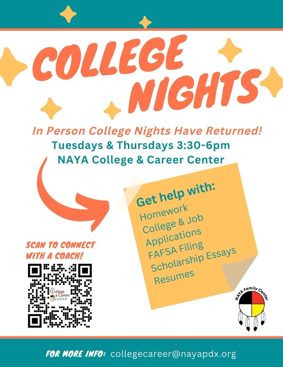 📢 Join us for NAYA's College Nights and get a jumpstart on your educational journey! We are here to support you with your homework, scholarship searches, job applications, & provide other resources. Join us every Tuesday and Thursday from 3:30-6:00 p.m. linktr.ee/NAYACCC