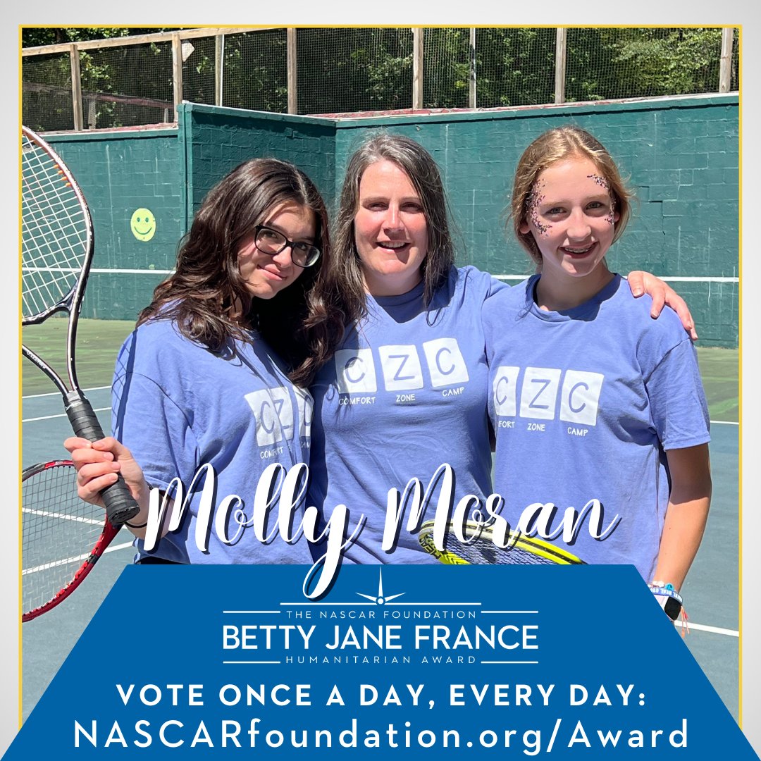 Molly Moran is a finalist for @NASCAR_FDN ’s Betty Jane France Humanitarian Award representing Richmond-based @ComfortZoneCamp, a camp for children who are grieving the loss of a loved one. Learn more and vote for Molly to win a $100,000 donation to her charity at…