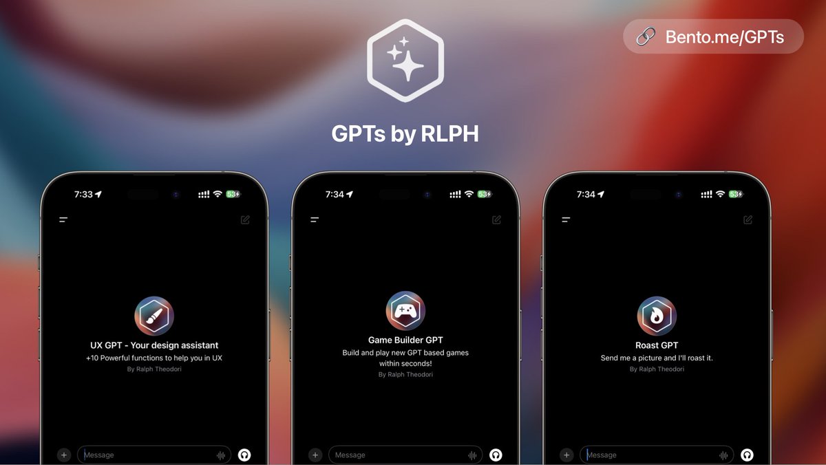 ralphtheodori's tweet image. After a week of playing with @OpenAI  GPTs, I&apos;m introducing my first set of GPT Apps and Games that I crafted, You can find my little GPT store over at bento.me/gpts ! 

I hope you enjoy using them as much as I do!  here&apos;s a preview on how they work:

#GPTstore #GPTs