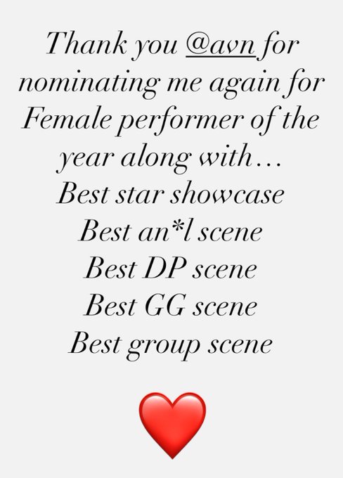 Thank you @avnawards @AVNMediaNetwork @AVNMagazine for all the nominations this year ❤️ Can&rsquo;t wait to<a class="tags" target="_blank" title="On Twitter" href="/?out=eyJ0eXAiOiJKV1QiLCJhbGciOiJIUzUxMiJ9.eyJpYXQiOjE3MjAxNzA2NjIsImlzcyI6InR3cG9ybnN0YXJzLmNvbSIsIm5iZiI6MTcyMDE3MDY2MiwiZXhwIjoxNzUxNzA2NjYyLCJyZWRpcmVjdF91cmwiOiJodHRwczovL3R3aXR0ZXIuY29tL2F2bmF3YXJkcyJ9.TekTVYZj9r_YbJ64g6tj4s6U2XBIE9npj6pupW4BiJ8bTEBb0jCOYDzz14RAqIEF90GNQIoixbcRaa2A1h6kqQ">@avnawards</a><a class="tags" href="/tag/avnmedianetwork">@avnmedianetwork</a><a class="tags" href="/tag/avnmagazine">@avnmagazine</a>