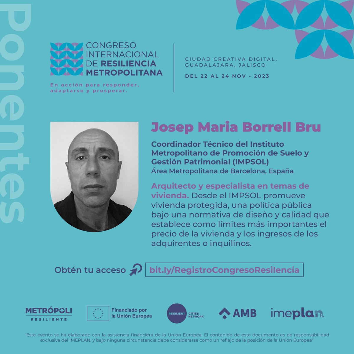 IMEPLAN's tweet photo. #CongresoResiliencia | ¡Conoce a los #ponentes! 🇪🇸@jmborrell es Coordinador Técnico del Instituto Metropolitano de Promoción y Gestión Patrimonial #Impsol donde impulsa la vivienda protegida.
Escúchalo en @CCDJALISCO del 22 al 24 de noviembre. Inscríbete https://t.co/sTg5bKbz7J https://t.co/bx0QLqK0SD
