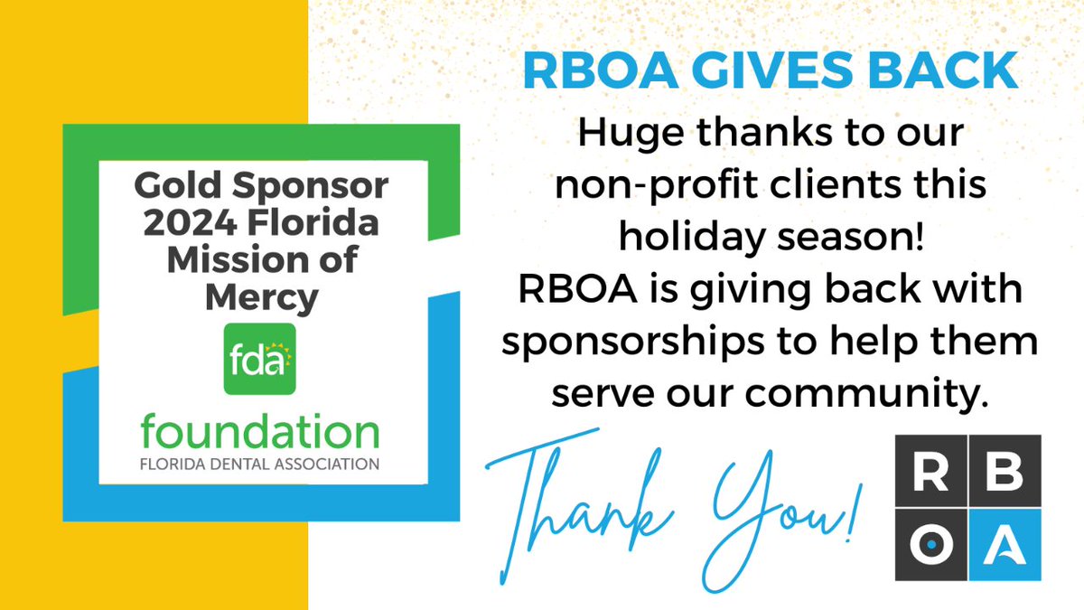 RBOAMarketing's tweet photo. RBOA gives back!
Huge thanks to our non-profit clients for their work in our community. RBOA is giving back as a Gold Sponsor of the Florida Dental Association's Florida Mission of Mercy event in 2024 to help them reach those in need of services. Donate at https://t.co/J0J7SV6GWt https://t.co/npPFMobNt3