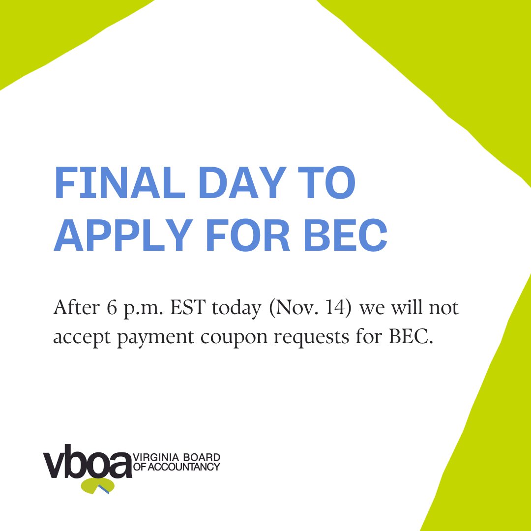 Today (Nov. 14) is the last day to request BEC payment coupons through the VBOA portal. Requests will not be accepted after 6 p.m. EST.

Learn more: boa.virginia.gov/important-cpa-…