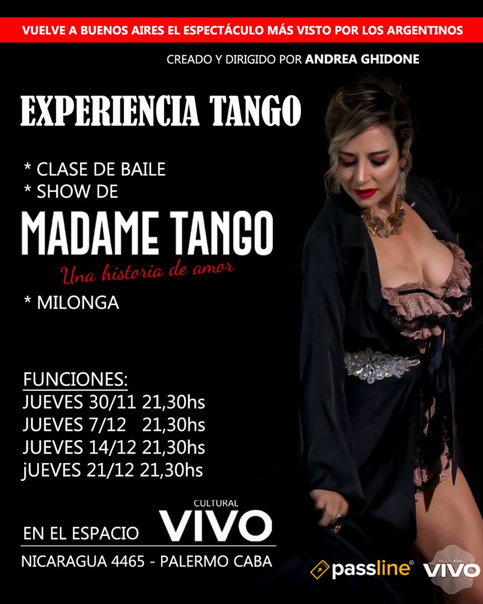 Arranca una temporada a puro Tango… Para aquellos amantes del género como yo, los espero para que me acompañen a partir del día 30 de noviembre en el espacio Cultural Vivo! Una nueva experiencia… una nueva puesta! Se suman y me ayudan a compartir? 🙏