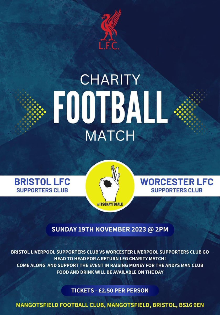 On Sunday the OLSC Bristol play against the Worcester Liverpool supporters The game is being played to raise money for @andysmanclubuk If anyone would like to donate to this great charity supporting men’s mental health justgiving.com/page/nick-flet… @LFC @LFCHelp @MightyRed_LFC