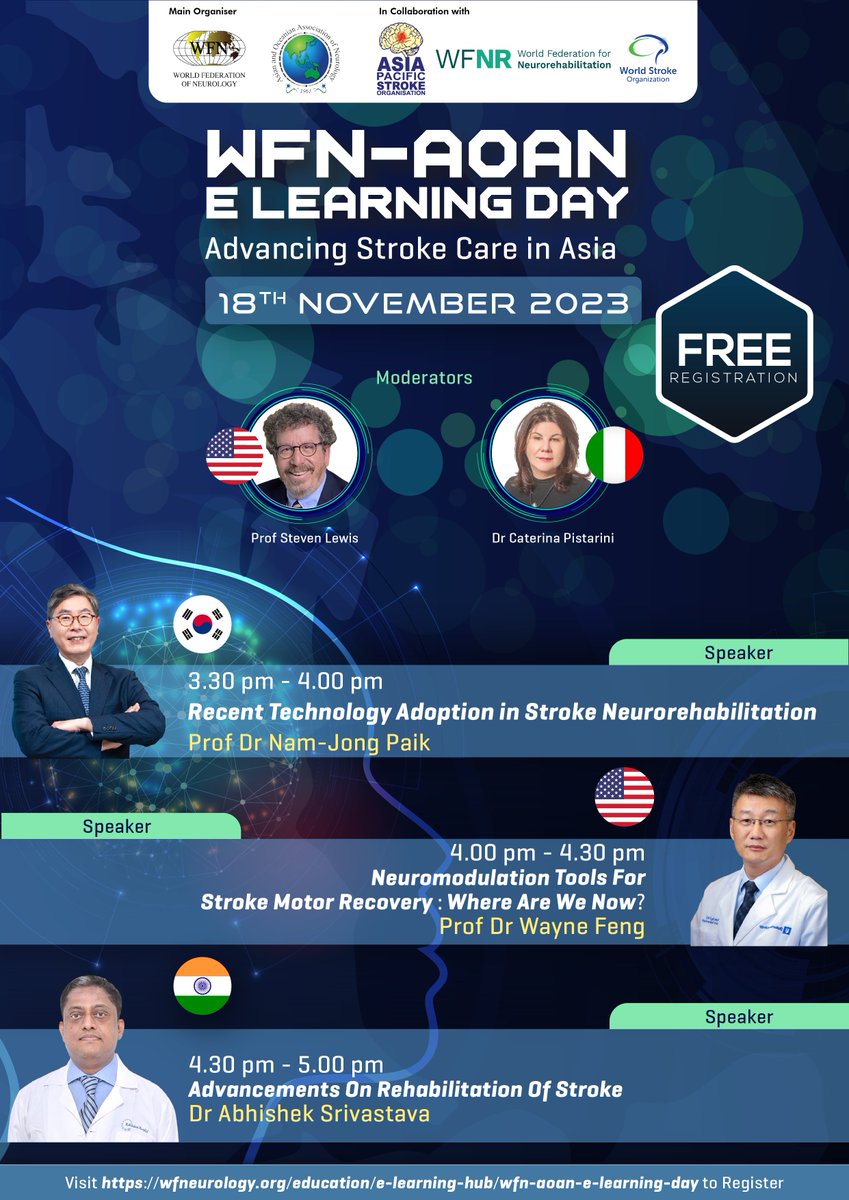 wfneurology's tweet image. Explore Stroke Rehabilitation tech, neuromodulation &amp;amp; advancements with Profs. Nam-Jong Paik, Wayne Feng, Dr. Abhishek Srivastava. Hosted by Prof. Steven L. Lewis &amp;amp; Dr. Caterina Pistarini. 
▶ Learn more: bit.ly/3QTo0FS

#strokeRehabilitation #NeurologyAsia #APSO