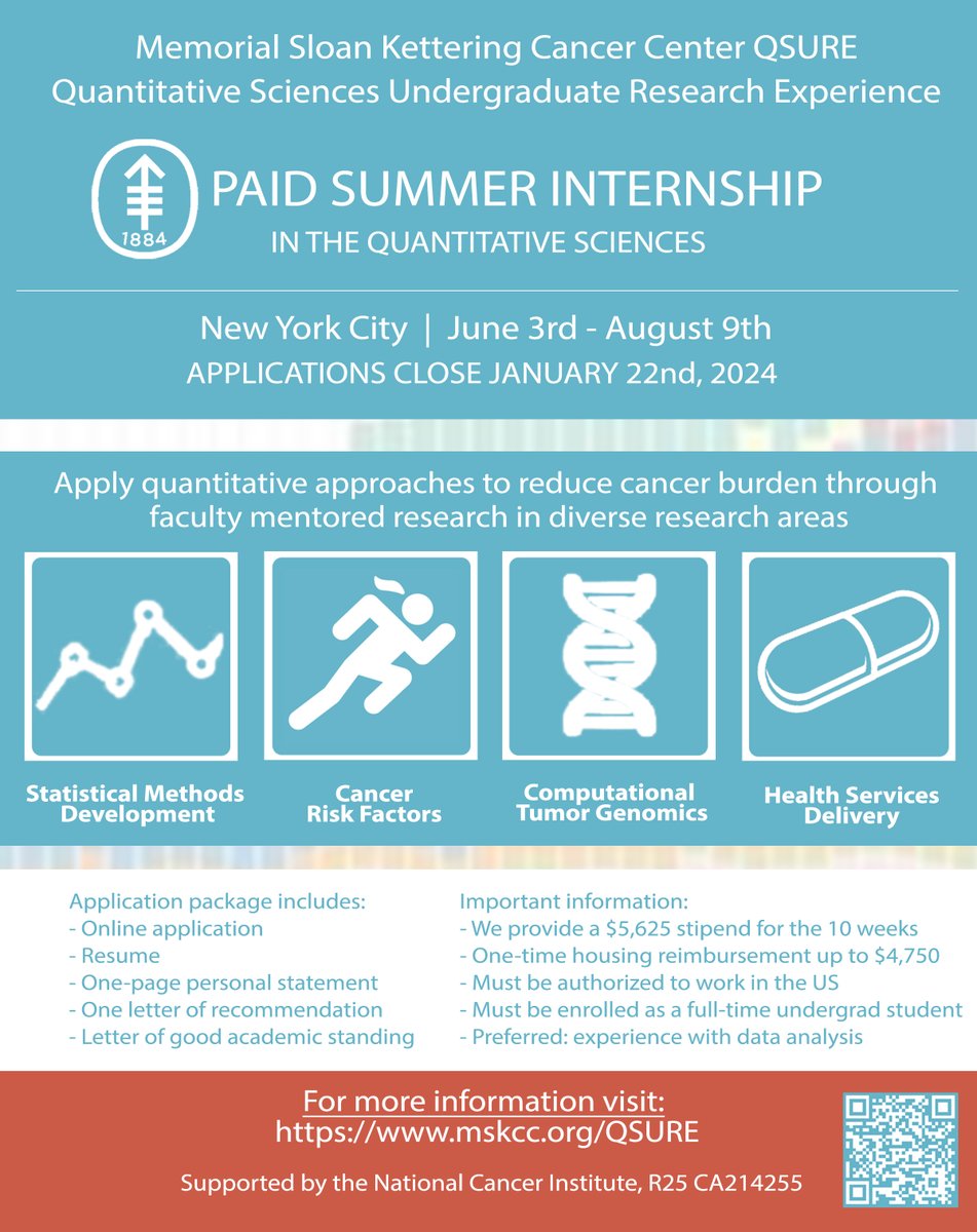Excited to announce📢 that the QSURE applications are open now for 2024! A great opportunity for undergrad students interested in pursuing hands-on research in Epi/Biostats/Health outcomes/Comp Onc.

For program details &amp; to apply, please visit: mskcc.org/qsure