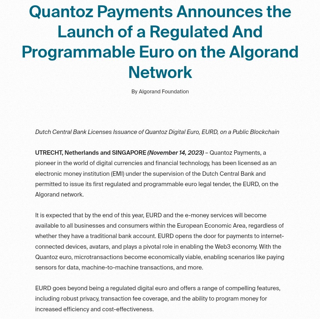 algorandblog's tweet photo. 🔥@Quantoz payments announces the launch of a regulated and programmable Euro on the #Algorand network

$ALGO #algofam 🚀🚀🚀 https://t.co/tW0E8Ppcyc