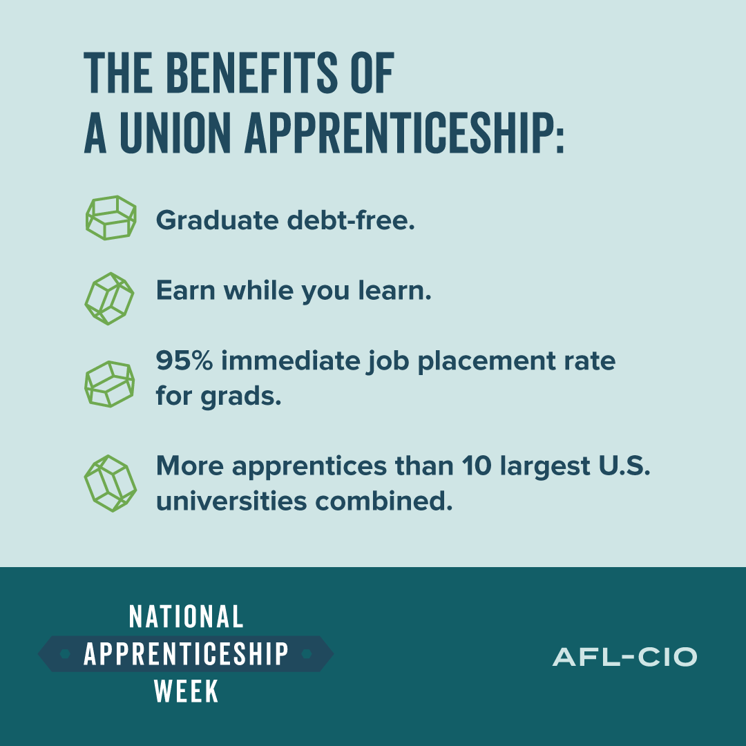 Happy #NationalApprenticeshipWeek!

You don’t need a college degree to achieve a good, family-sustaining career.

The secret? Union apprenticeships, where you build experience with experts &amp; #EarnWhileYouLearn