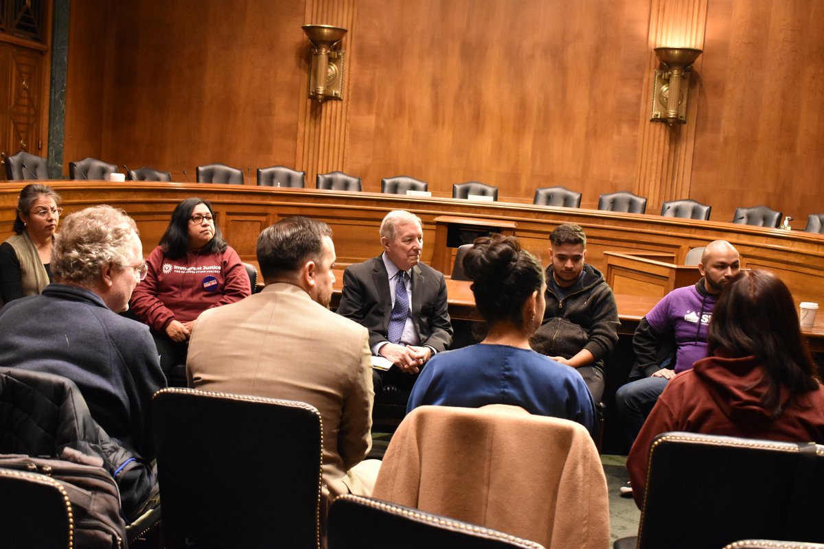 SenatorDurbin's tweet photo. I appreciated hearing stories from Chicago-based coalition, Work Permits for All, about the need to recognize the contributions undocumented immigrants have made to our country and to reform our immigration system.

#heretowork @ABICaction @TRPistas @SWOPorg @AmericanBIC https://t.co/dbOKO9TYqw
