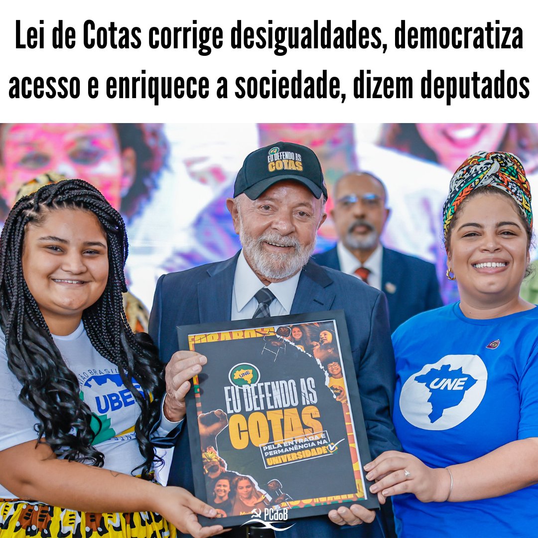 PCdoBnaCamara's tweet photo. Lula sanciona novas regras da Lei de Cotas. Legislação agora inclui quilombolas e reduz teto da renda. Deputados do PCdoB afirmam que este é mais um passo na superação dos atrasos dos últimos anos. ➡️Leia: https://t.co/TYji45Cyhu #LeideCotas #PCdoB #PCdoBnaCâmara https://t.co/2pDKkMLpqV