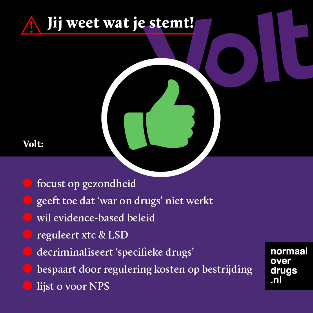 Drugswijzer deel 9: wat wil @voltnederland?

😍
- Focust op gezondheid
- Geeft toe dat war on drugs niet werkt
- Wil evidence-based beleid
- Reguleert cannabis, MDMA en psychedelica
- Decriminaliseert ‘specifieke drugs’
- Bespaart door regulering kosten op bestrijding