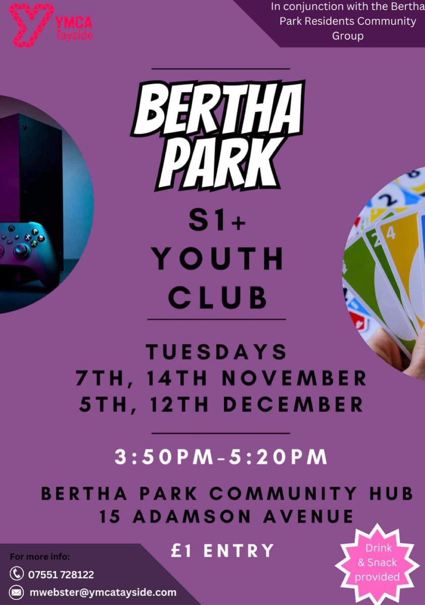 Bertha Park Parent Angle (@parentanglebphs) on Twitter photo Our friends <a href="/adamsonave15/">adamsonave15</a> are holding a youth club from 3.50-5.20pm some Tuesdays in November and December. Dates below. £1 entry, open to S1 and up. Please go along and join them, meet new people and have fun. <a href="/BerthaParkHigh/">Bertha Park High School</a> Our friends <a href="/adamsonave15/">adamsonave15</a> are holding a youth club from 3.50-5.20pm some Tuesdays in November and December. Dates below. £1 entry, open to S1 and up. Please go along and join them, meet new people and have fun. <a href="/BerthaParkHigh/">Bertha Park High School</a>
