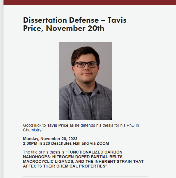 uoCHandBIC's tweet photo. Upcoming Thesis Defense - Tavis Price, Jasti Lab - Monday, November 20 @ 2PM in 220 Deschutes Hall and via ZOOM https://t.co/8qlz1mamL1