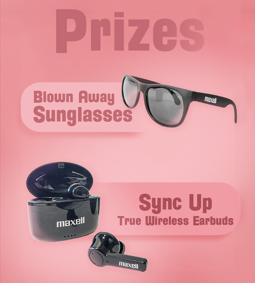 It's a Sunglasses and Earbuds Giveaway 😎🎶🕶 

How to Enter:    

1. Must be following us: <a href="/MaxellCorp/">MaxellCorp</a>
2. Retweet this post 🔁
3. Tag a friend in the comments 👇

Good luck!! Giveaway ends Friday, Nov. 17, 2023 ! ⏰ 

#giveaway #sunglasses #sunglassestwitter #TuesdayFeeling