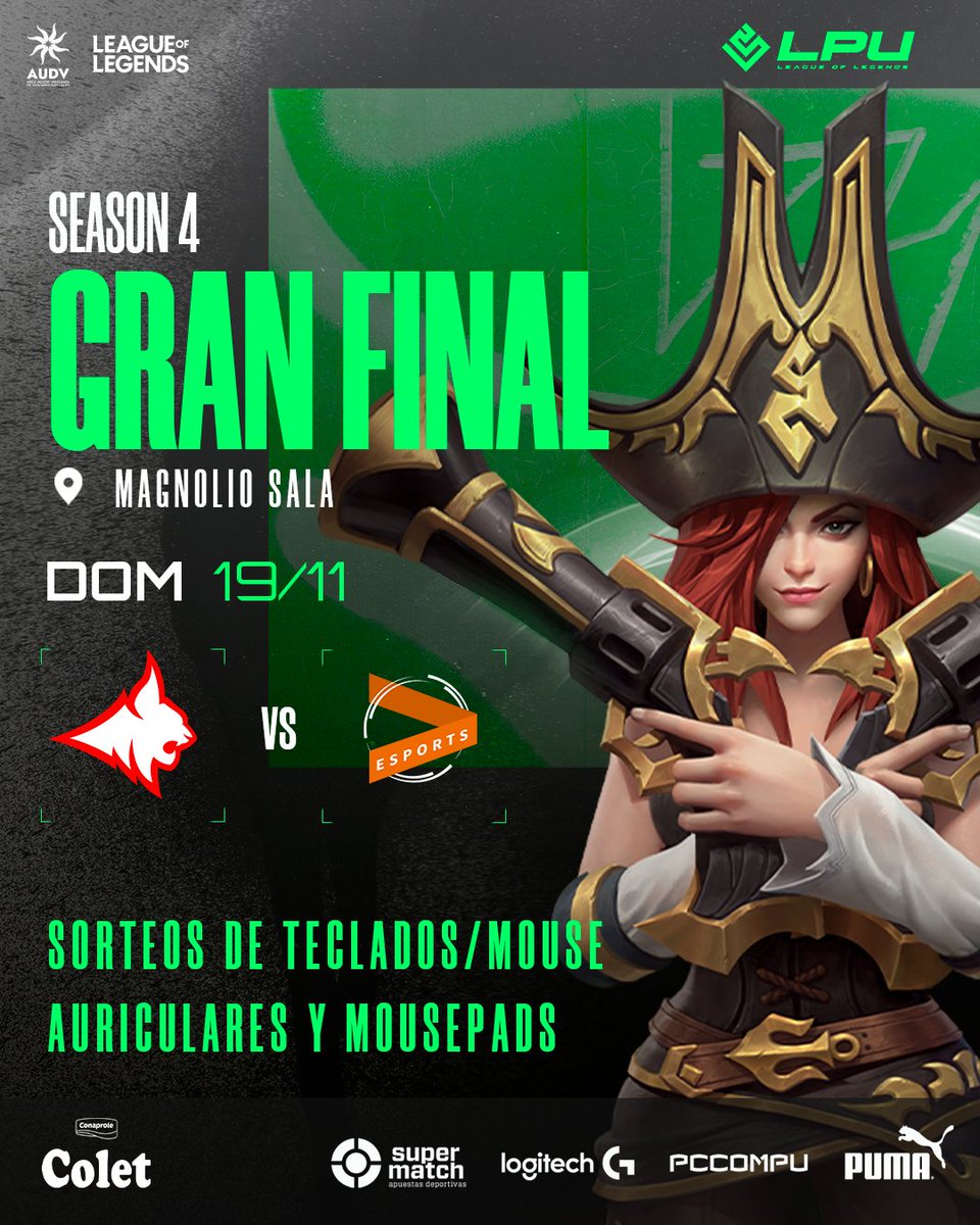 AUDVesports's tweet photo. LA GRAN FINAL #LPU Season 4 presencial Bo5 en 
@MagnolioSala #LeagueOfLegends

📅 Domingo 19 Noviembre
⏰ 16:00 HS
⚔️ @LynxGamingUY 🆚 @PDAesports
 
🎟️ Entradas en venta en https://t.co/JbAdup88qE  

Con tu entrada participas de los sorteos con perifericos de @LogitechG 🔥🔥 https://t.co/8MVvW1vVmz