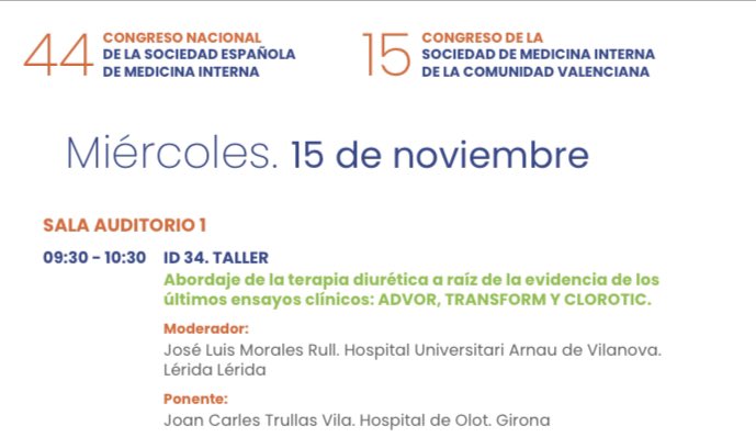 ⚠️No os perdáis el mejor TALLER de la #44SEMI 💦Abordaje de la terapia diurética a raíz de la evidencia de los últimos ensayos clínicos: ADVOR, TRANSFORM Y CLOROTIC 📊Caso clínico + 7 preguntas interactivas ⚠️Presentación exclusiva del triángulo del tratamiento diurético