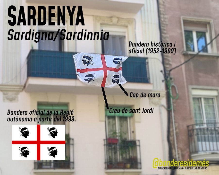 Sardenya / Sardigna
Camp blanc amb la creu vermella de sant Jordi i a cadascun dels quarters un cap de moro embenat sobre el front i mirant en direcció contrària al pal (a partir de 1999)
#bandierasarda #sosbatormoros