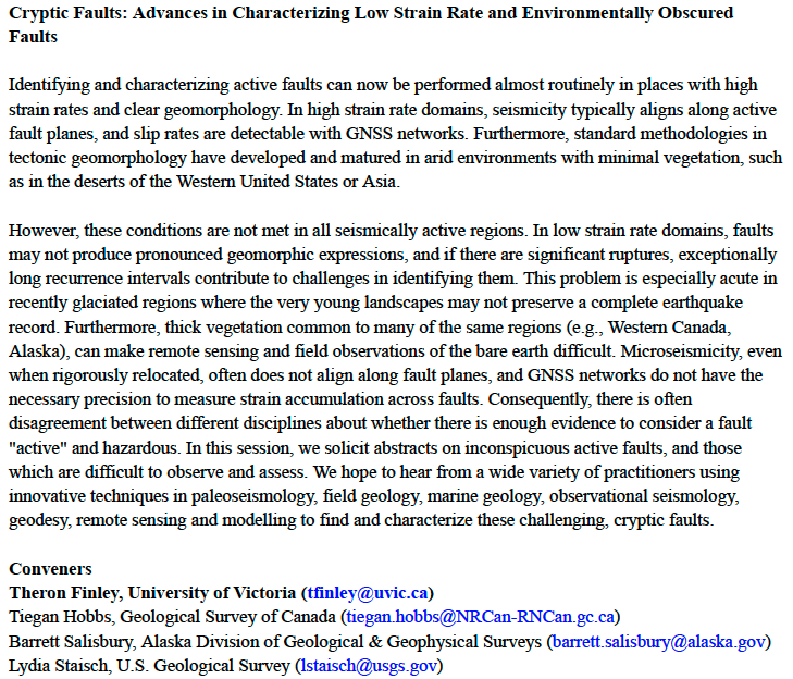 If you work on active faults that are challenging to study due to low strain rates and/or environmental factors such as recently glaciated landscapes or dense vegetation, please consider participating in our session at SSA 2024, April 29-May 4, in Anchorage!