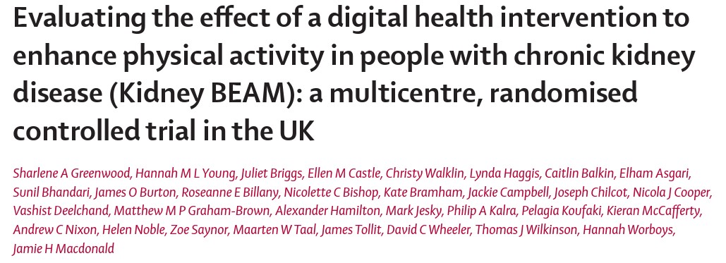 🚨Published yesterday in @LancetDigitalH 🤩 and led by @sharleneuk @kidneybeam_ results from the @KidneyBeamTrial @LeicResearch 
 
➡️340 participants 
🚶12-week physical activity digital health intervention
⬆️Mental health-related QoL in people with CKD