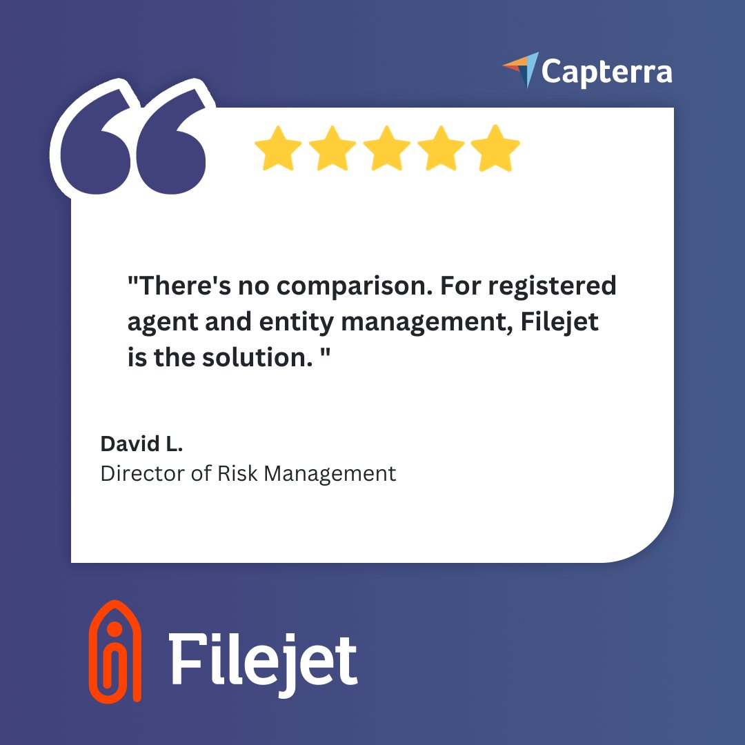 FilejetInc's tweet image. Wow, thank you, David L. 🚀 We aim to please, and the Filejet team is delighted by your input. 🌟 #EntityManagement #Compliance #Capterra #Filejet