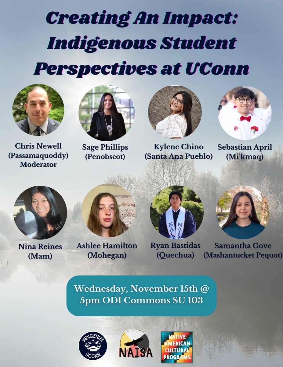 Hey everyone, please join us for a panel discussion on Indigenous student perspectives at UConn! It will be held in ODI Commons, SU 103, at 5:00 pm tomorrow, Wednesday November 15th. We hope to see you there! #IndigenizeUConn #UConnNACP #UConnNAISA