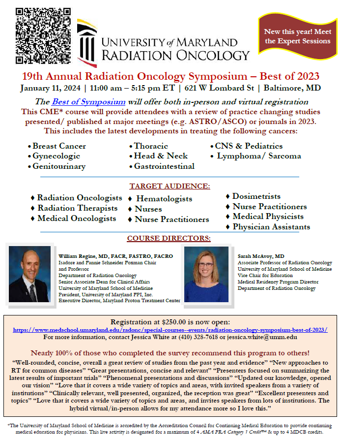 Registration is OPEN for the 19th Annual Radiation Oncology Symposium – Best of 2023. Join us Jan. 11 for a comprehensive half-day review of the latest updates in #radonc. #MedEd
medschool.umaryland.edu/radonc/special…