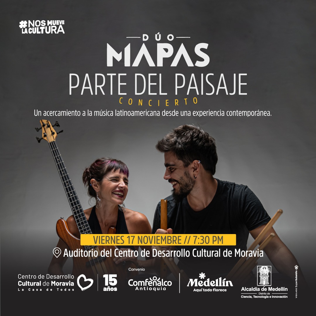 🎙️ @DuoMapas se despide de Medellín este viernes 17 de Noviembre con un concierto en #LaCasaDeTodasYTodos 🧡🚀Este será un viaje musical nacido de la experimentación y el amor por la canción.
🕡 7:30 p.m
📍Auditorio Rogelio Salmona
#duomapas #AMORavia #partedelpaisaje #findegira