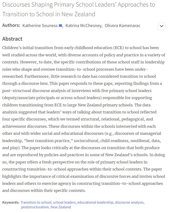 Delighted to see this article published - led by my fab @waikato Masters grad Katherine Robinson and co-authored by @OKamenarac and I. 'Discourses shaping primary school leaders’ approaches to transition to school in New Zealand' #OpenAccess in @IJELT1 doi.org/10.5334/ijelt.…