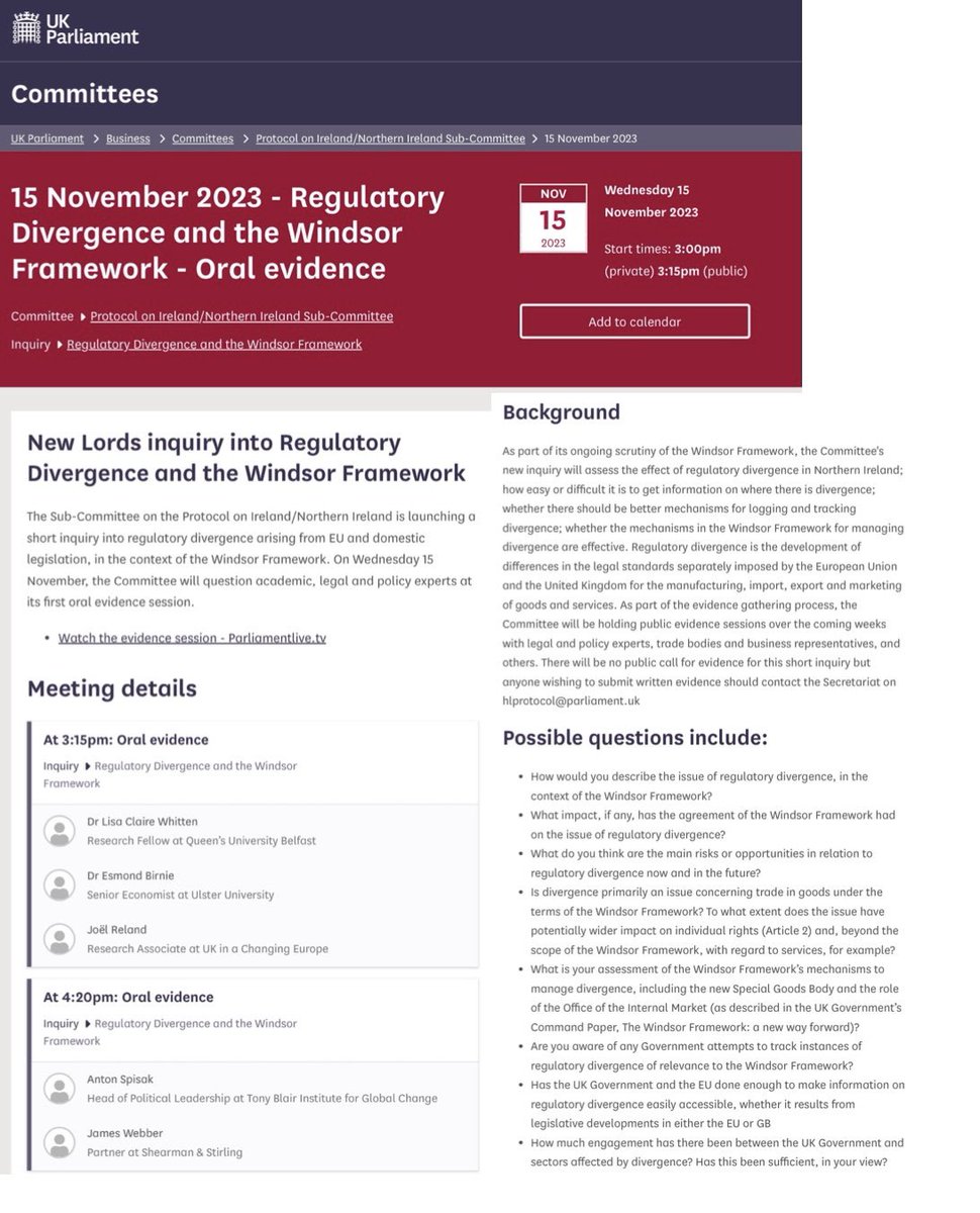 “Regulatory Divergence & the Windsor Framework” hearing by @LordsEUCom NI Protocol Subcommittee tomorrow with @LisaClaireWhit1 @AntonSpisak @joelreland Esmond Birnie and @jamesrwebber